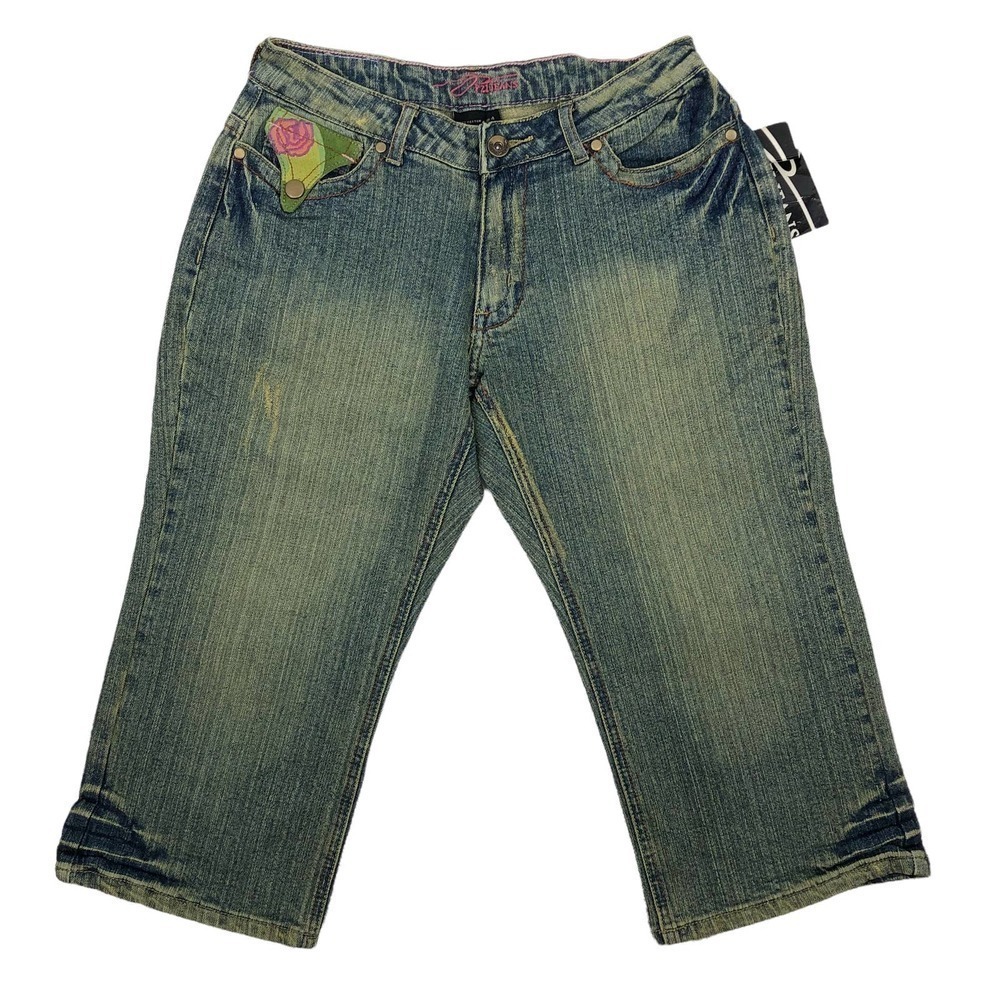 PZI Jeans Womens Bermuda Shorts Size 4 Rose Embroidered Distressed Wash Low Rise